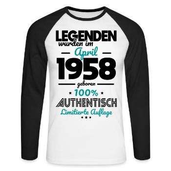 65. Geburtstag - Legenden wurden im April 1958 - Unisex Baseballshirt langarm - Weiß/Schwarz - Vorne - Nik (191cm)