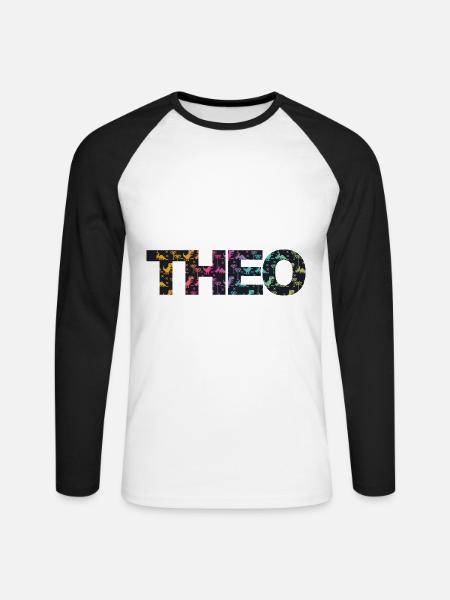 Theo - Beautiful boy name with cool dinosaurs - Unisex Long Sleeve Baseball T-Shirt - white/black