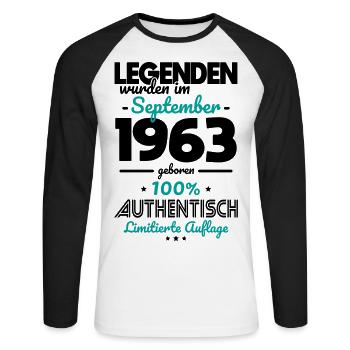 60. Geburtstag - Legenden wurden im September 1963 - Unisex Baseballshirt langarm - Weiß/Schwarz - Vorne - Nik (191cm)