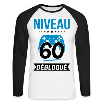 Anniversaire 60 ans - Niveau 60 débloqué - Gamer - T-shirt baseball manches longues Homme - blanc/noir - Devant - Nik (191cm)