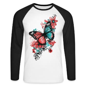 Papillon Fleurs Coloré Coloré Beau Art - T-shirt baseball manches longues Homme - blanc/noir - Devant - Nik (191cm)