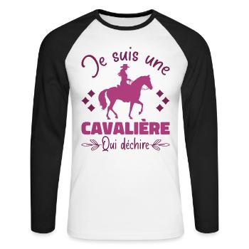 Ein Reiter, der auf einem Pferd reitet, das Geschenk zerreißt - Unisex Baseballshirt langarm - Weiß/Schwarz - Vorne - Nik (191cm)