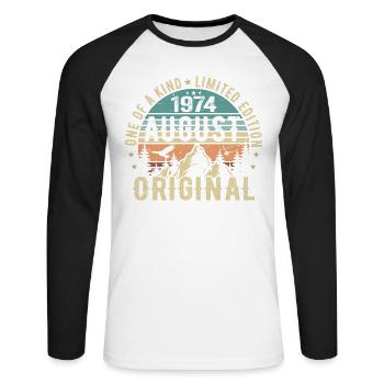 Août 1974 - Né en Août 1974 - Anniversaire - T-shirt baseball manches longues Homme - blanc/noir - Devant - Nik (191cm)