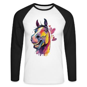 Cheval coloré en style aquarelle - T-shirt baseball manches longues Homme - blanc/noir - Devant - Nik (191cm)