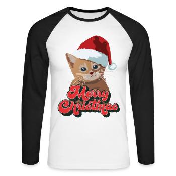 Cadeau de Noël mignon chat drôle chapeau de père Noël joyeux Noël - T-shirt baseball manches longues Homme - blanc/noir - Devant - Nik (191cm)