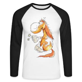 Pferd mit Blume - Pferde - Pony - Fuchs - Geschenk - Unisex Baseballshirt langarm - Weiß/Schwarz - Vorne - Nik (191cm)