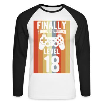 Level 18 freigeschaltet - Unisex Baseballshirt langarm - Weiß/Schwarz - Vorne - Nik (191cm)