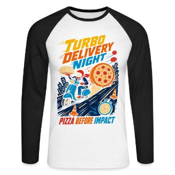 Livraison de pizza Turbo le soir - T-shirt baseball manches longues Homme - blanc/noir - Devant - Nik (191cm)