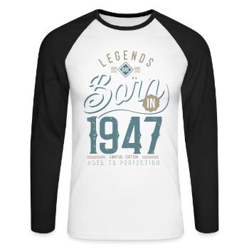legends are born in 1947, anniversaire 75 ans - T-shirt baseball manches longues Homme - blanc/noir - Devant - Nik (191cm)