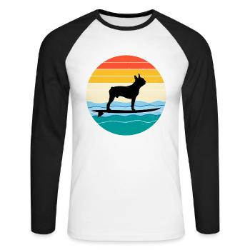 Boston terrier Propriétaire Chien Surf Sea Waves - T-shirt baseball manches longues Homme - blanc/noir - Devant - Nik (191cm)