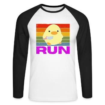 Race Run Duck with Knife Meme Funny Saying Fun - Unisex Long Sleeve Baseball T-Shirt - white/black - Front - Nik (191cm)