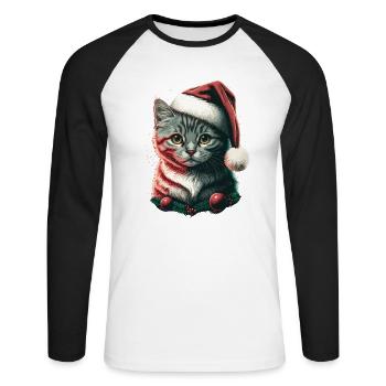 Superbe chaton portant un chapeau de Père Noël - T-shirt baseball manches longues Homme - blanc/noir - Devant - Nik (191cm)