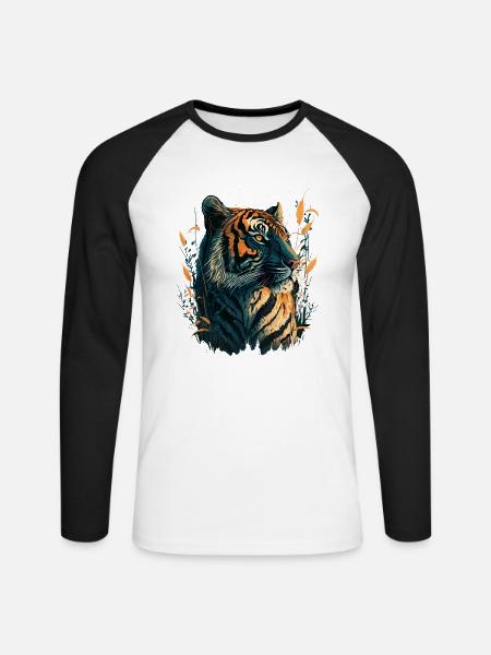 Tiger in High Gras - Unisex Baseballshirt langarm - Weiß/Schwarz