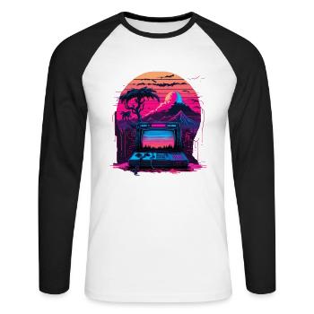 Ordinateur Vaporwave - T-shirt baseball manches longues Homme - blanc/noir - Devant - Nik (191cm)