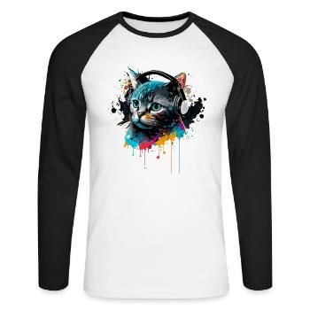 Musik Katze - Unisex Baseballshirt langarm - Weiß/Schwarz - Vorne - Nik (191cm)