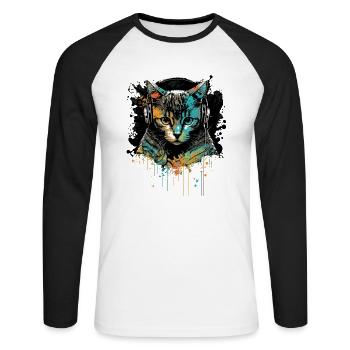 Katzenkopf - Unisex Baseballshirt langarm - Weiß/Schwarz - Vorne - Nik (191cm)