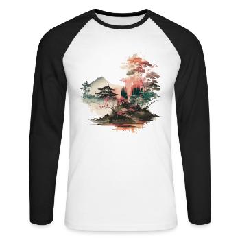 Paysage de gravure sur bois - T-shirt baseball manches longues Homme - blanc/noir - Devant - Nik (191cm)