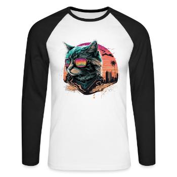 Synthwave Style Cat - Unisex Long Sleeve Baseball T-Shirt - white/black - Front - Nik (191cm)
