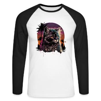 Synthwave Cat - Unisex Long Sleeve Baseball T-Shirt - white/black - Front - Nik (191cm)