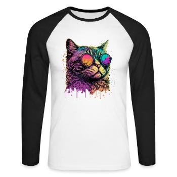 Neon Cat with Sunglasses - Unisex Long Sleeve Baseball T-Shirt - white/black - Front - Nik (191cm)