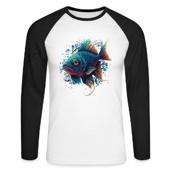 Œuvre d’art sur les poissons - T-shirt baseball manches longues Homme - blanc/noir - Devant - Nik (191cm)