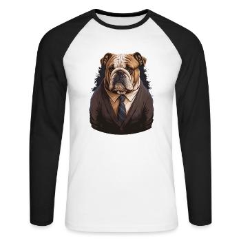Bulldog en costume marron - T-shirt baseball manches longues Homme - blanc/noir - Devant - Nik (191cm)