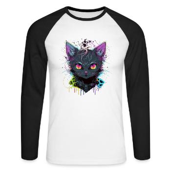 Illustration de chat cool - T-shirt baseball manches longues Homme - blanc/noir - Devant - Nik (191cm)
