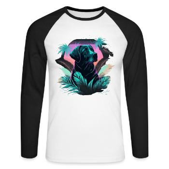Vaporwave Labrador Retriever in großen Blättern - Unisex Baseballshirt langarm - Weiß/Schwarz - Vorne - Nik (191cm)