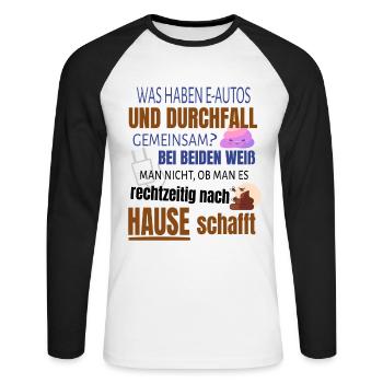 Lustiger Spruch E-Auto Elektroauto - Unisex Baseballshirt langarm - Weiß/Schwarz - Vorne - Nik (191cm)