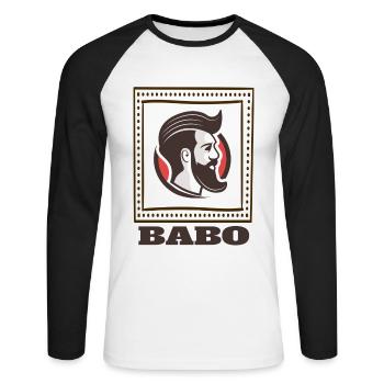 BABO - Text Design mit Hipster und Bart - Unisex Baseballshirt langarm - Weiß/Schwarz - Vorne - Nik (191cm)