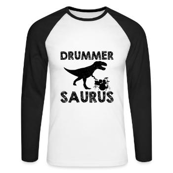 Drum kit dinosaur | Drummer musician gifts - Unisex Long Sleeve Baseball T-Shirt - white/black - Front - Nik (191cm)