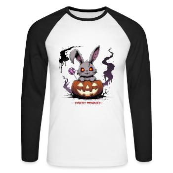 Besessen süß – Gruselhase im Kürbis - Unisex Baseballshirt langarm - Weiß/Schwarz - Vorne - Nik (191cm)