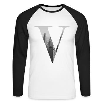 New Yorker Buchstabe V - Unisex Baseballshirt langarm - Weiß/Schwarz - Vorne - Nik (191cm)