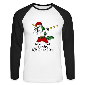 Frohe Weihnachten Einhorn Christmas Geschenk - Unisex Baseballshirt langarm - Weiß/Schwarz - Vorne - Nik (191cm)