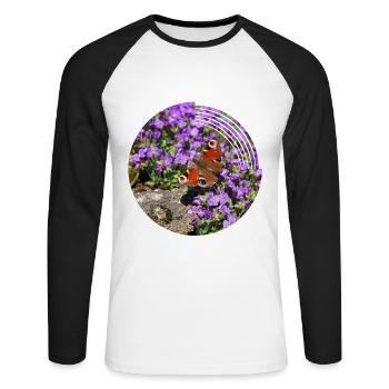 Pfauenaugen sind die bekanntesten Schmetterlingen - Unisex Baseballshirt langarm - Weiß/Schwarz - Vorne - Nik (191cm)