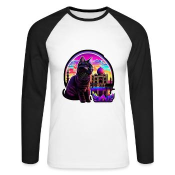 Chat psychédélique devant le Taj Mahal India - T-shirt baseball manches longues Homme - blanc/noir - Devant - Nik (191cm)