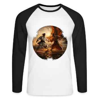 Karatekämpfer sind körperlich fit - Unisex Baseballshirt langarm - Weiß/Schwarz - Vorne - Nik (191cm)