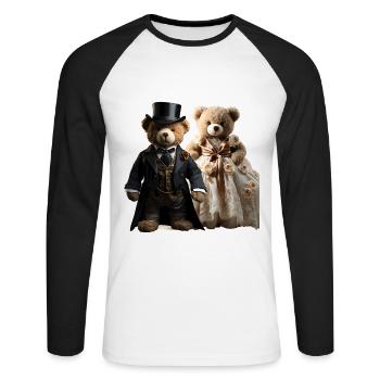 Zwei glückliche Teddybären in Hochzeitskleidung - Unisex Baseballshirt langarm - Weiß/Schwarz - Vorne - Nik (191cm)