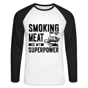 Fleisch Räuchern | Grillen Grillmeister Geschenke - Unisex Baseballshirt langarm - Weiß/Schwarz - Vorne - Nik (191cm)