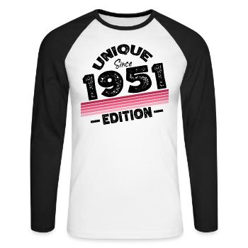 Unique Since 1951 Edition Birthday Vintage 1951 - Unisex Long Sleeve Baseball T-Shirt - white/black - Front - Nik (191cm)