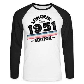 Unique Since 1951 Edition Birthday Vintage 1951 - Unisex Long Sleeve Baseball T-Shirt - white/black - Front - Nik (191cm)