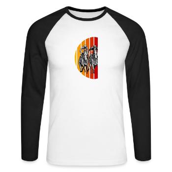 Pferderennen Vintage Zeichnung Sonnenuntergang - Unisex Baseballshirt langarm - Weiß/Schwarz - Vorne - Nik (191cm)