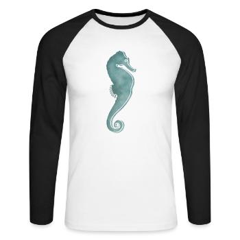 "Seahorse", Boho Line Art Design, Ocean Series - Unisex Long Sleeve Baseball T-Shirt - white/black - Front - Nik (191cm)