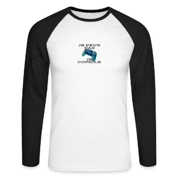 Je peux pas; Je console - T-shirt baseball manches longues Homme - blanc/noir - Devant - Nik (191cm)