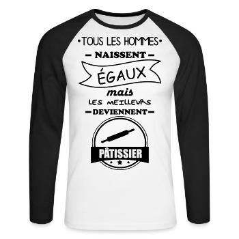 hommes pâtissier,cadeau patissier,pâtisserie - T-shirt baseball manches longues Homme - blanc/noir - Devant - Nik (191cm)