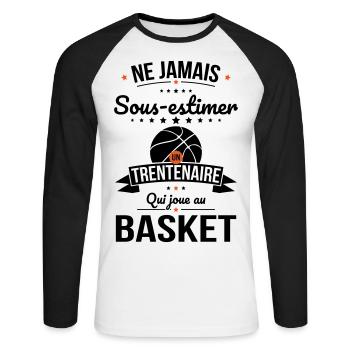 Sous-estimer un trentenaire qui joue au basket - T-shirt baseball manches longues Homme - blanc/noir - Devant - Nik (191cm)
