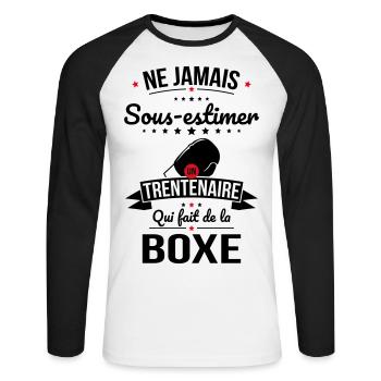Sous-estimer un trentenaire qui fait de la boxe - T-shirt baseball manches longues Homme - blanc/noir - Devant - Nik (191cm)