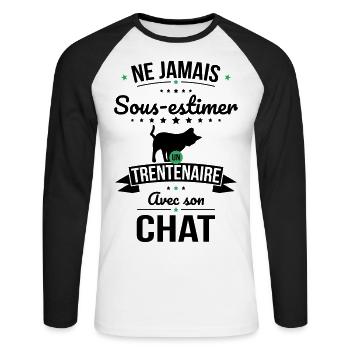 Sous-estimer un trentenaire avec son chat - T-shirt baseball manches longues Homme - blanc/noir - Devant - Nik (191cm)