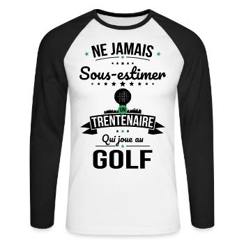 Sous-estimer un trentenaire qui joue au golf - T-shirt baseball manches longues Homme - blanc/noir - Devant - Nik (191cm)