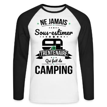Sous-estimer un trentenaire qui fait du camping - T-shirt baseball manches longues Homme - blanc/noir - Devant - Nik (191cm)